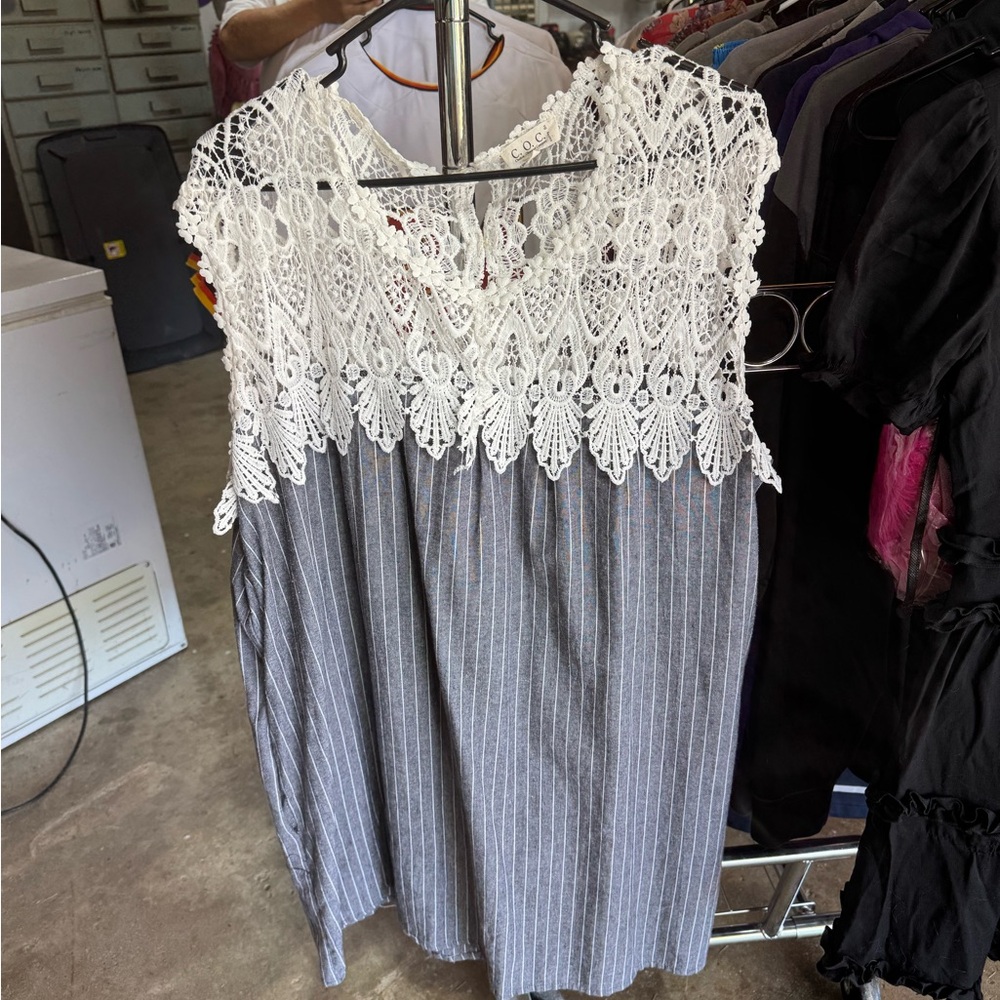 Elegant White Lace and Gray Striped Women's Dress